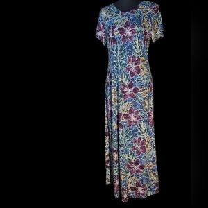 The Hawaiian Original Hilo Hattie Blue Floral Short Sleeve Maxi Dress - Size Med